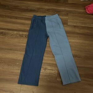Warm, dark blue and light blue pants